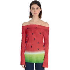 Juicy Paint Texture Watermelon Red And Green Watercolor Off Shoulder Long Sleeve Top by genx