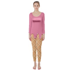 Ice Cream Pink Melting Background With Beige Cone Long Sleeve Catsuit by genx