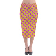 Pink Stars Pattern On Yellow Velvet Midi Pencil Skirt by BrightVibesDesign
