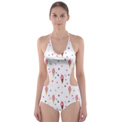 Ice Cream Cones Watercolor With Fruit Berries And Cherries Summer Pattern Cut-out One Piece Swimsuit by genx