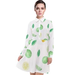 Lemon And Limes Yellow Green Watercolor Fruits With Citrus Leaves Pattern Long Sleeve Chiffon Shirt Dress by genx