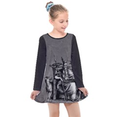 Odin On His Throne With Ravens Wolf On Black Stone Texture Kids  Long Sleeve Dress by snek