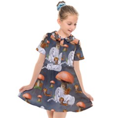 Cute Little Fairy With Unicorn, Pattern Design Kids  Short Sleeve Shirt Dress by FantasyWorld7