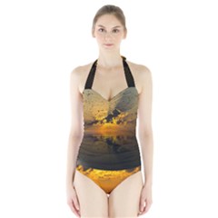 Sunset Reflection Birds Clouds Sky Halter Swimsuit by HermanTelo