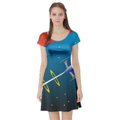 Rocket Spaceship Space Galaxy Short Sleeve Skater Dress by HermanTelo