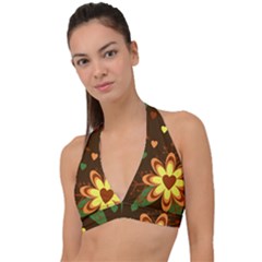 Floral Hearts Brown Green Retro Halter Plunge Bikini Top by HermanTelo