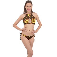 Floral Hearts Brown Green Retro Cross Front Halter Bikini Set by HermanTelo