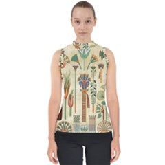 Egyptian Paper Papyrus Hieroglyphs Mock Neck Shell Top by Sapixe