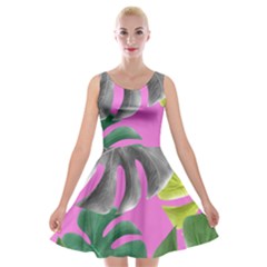Tropical Greens Pink Leaf Velvet Skater Dress by HermanTelo