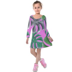 Tropical Greens Pink Leaf Kids  Long Sleeve Velvet Dress by HermanTelo