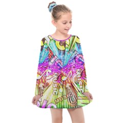 Music Abstract Sound Colorful Kids  Long Sleeve Dress by Bajindul