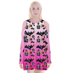 Pink Gradient Bat Pattern Velvet Long Sleeve Shoulder Cutout Dress by snowwhitegirl