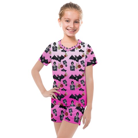 Pink Gradient Bat Pattern Kids  Mesh Tee And Shorts Set by snowwhitegirl