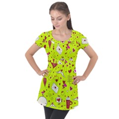 Valentin s Day Love Hearts Pattern Red Pink Green Puff Sleeve Tunic Top by EDDArt