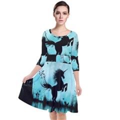 Wonderful Unicorn Silhouette In The Night Quarter Sleeve Waist Band Dress by FantasyWorld7