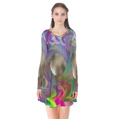 Rainbow Plasma Neon Long Sleeve V-neck Flare Dress by HermanTelo