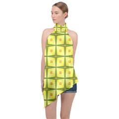 Background Pattern Gold Halter Asymmetric Satin Top by Bajindul