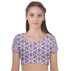 Texture Tissue Seamless Flower Velvet Short Sleeve Crop Top  by HermanTelo