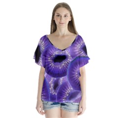 Sliced Kiwi Fruits Purple V-neck Flutter Sleeve Top by Pakrebo