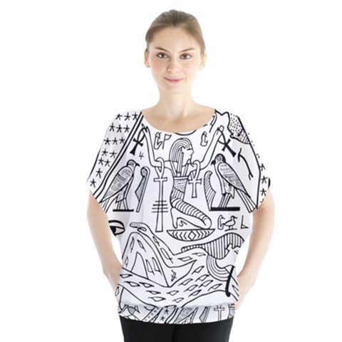 Egyptian Hieroglyphics History Seb Batwing Chiffon Blouse by Sudhe