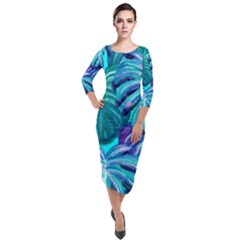 Leaves Tropical Palma Jungle Quarter Sleeve Midi Velour Bodycon Dress by Simbadda