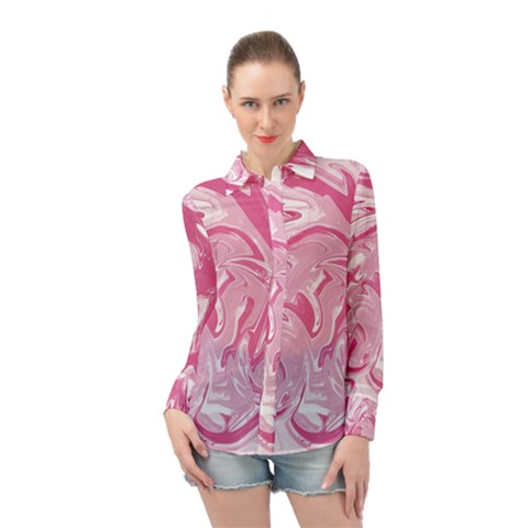 Marble Painting Texture Pattern Pink Long Sleeve Chiffon Shirt by Simbadda