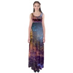 City Lights Skyline Buildings Empire Waist Maxi Dress by Wegoenart