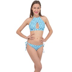 Fabric Geometric Aqua Crescents Cross Front Halter Bikini Set by Bajindul