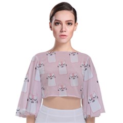 Pattern Pink Cute Sweet Fur Cats Tie Back Butterfly Sleeve Chiffon Top by Pakrebo