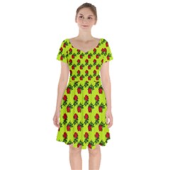 Red Roses Lime Green Short Sleeve Bardot Dress by snowwhitegirl