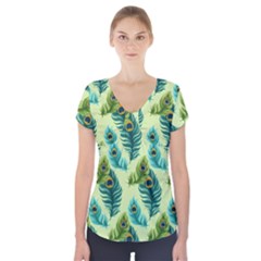Peacock Feather Pattern Short Sleeve Front Detail Top by Vaneshart
