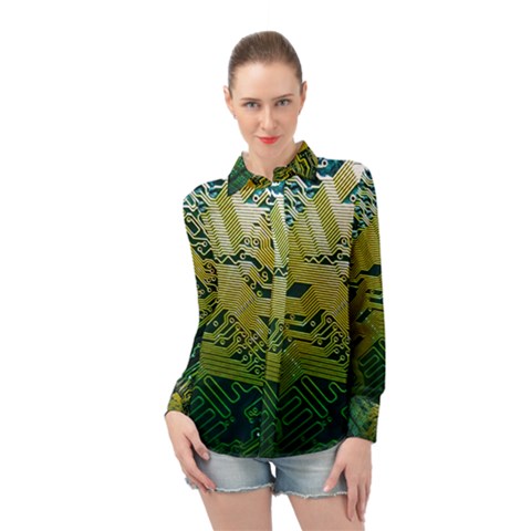 Laptop Computer Technology Leaf Line Green Biology Communication Electronics Illustration Informatio Long Sleeve Chiffon Shirt by Vaneshart