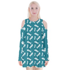 Fish Teal Blue Pattern Velvet Long Sleeve Shoulder Cutout Dress by snowwhitegirl