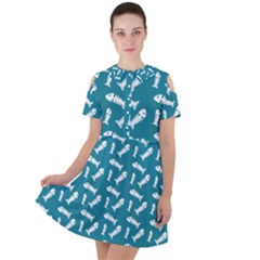 Fish Teal Blue Pattern Short Sleeve Shoulder Cut Out Dress  by snowwhitegirl