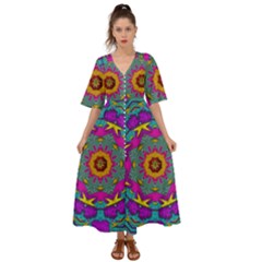 Fern  Mandala  In Strawberry Decorative Style Kimono Sleeve Boho Dress by pepitasart
