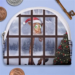 Funny Giraffe  With Christmas Hat Looks Through The Window Horseshoe Style Canvas Pouch by FantasyWorld7