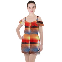 Sunset Water River Sea Sunrays Ruffle Cut Out Chiffon Playsuit by Mariart