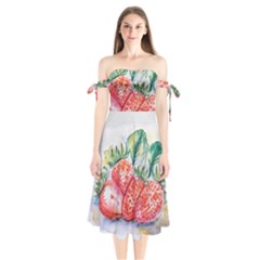 Strawberry Watercolor Figure Shoulder Tie Bardot Midi Dress by Wegoenart