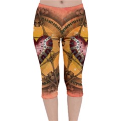 Awesome Heart On A Pentagram With Skulls Velvet Capri Leggings  by FantasyWorld7