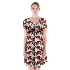 Vintage Hippie Girl Pattern Pnk Short Sleeve V-neck Flare Dress by snowwhitegirl