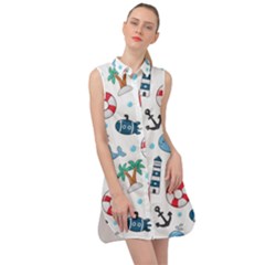 Seamless Pattern Nautical Icons Cartoon Style Sleeveless Shirt Dress by Vaneshart