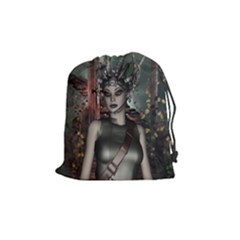 Awesome Fantasy Women With Helmet Drawstring Pouch (medium) by FantasyWorld7