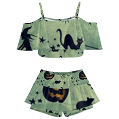 Funny Halloween Pattern With Witch, Cat And Pumpkin Kids  Off Shoulder Skirt Bikini by FantasyWorld7