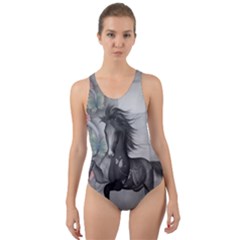Wonderful Black And White Horse Cut-out Back One Piece Swimsuit by FantasyWorld7