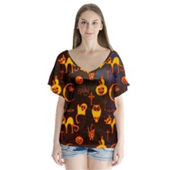 Funny Halloween Design V-neck Flutter Sleeve Top by FantasyWorld7