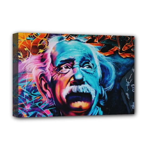 Albert Einstein Retro Wall Graffiti Blue Pink Orange Modern Urban Art Grunge Deluxe Canvas 18  X 12  (stretched) by genx