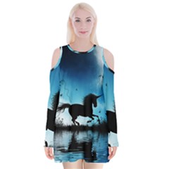 Wonderful Unicorn Silhouette In The Night Velvet Long Sleeve Shoulder Cutout Dress by FantasyWorld7