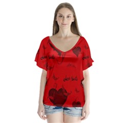 Wonderful Pattern Of Hearts V-neck Flutter Sleeve Top by FantasyWorld7