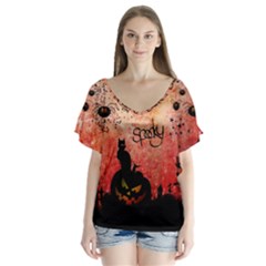 Funny Halloween Design, Cat, Pumpkin And Witch V-neck Flutter Sleeve Top by FantasyWorld7