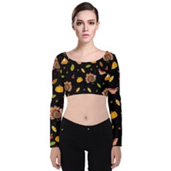 Thanksgiving Turkey Pattern Velvet Long Sleeve Crop Top by Valentinaart